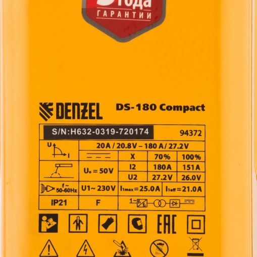 Аппарат инверторный дуговой сварки DS-180 Compact, 180 А, ПВ 70%, диаметр электрода 1,6-4 мм Denzel