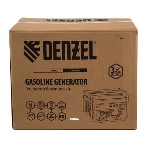 Генератор бензиновый GE 7900, 6.5 кВт, 220 В/50 Гц, 25 л, ручной пуск Denzel